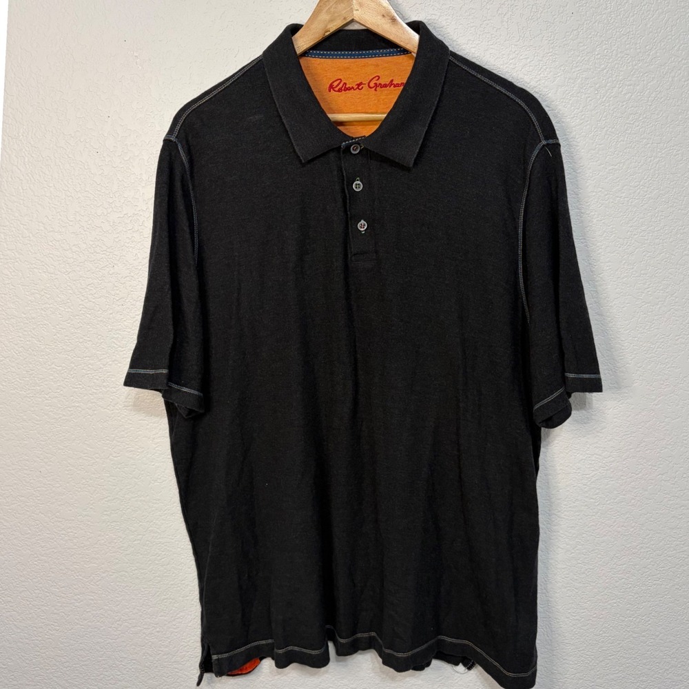 Robert Graham Mens Classic Fit Polo Shirt Black Charcoal Orange 2XL Short Sleeve